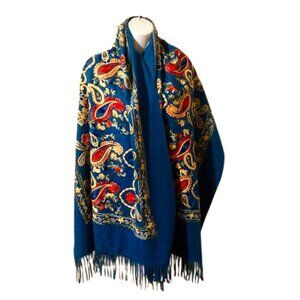 BohoCashmere Shawl Wrap Scarf Blue Colorful Paisley Embroidery Fringed 100% Wool